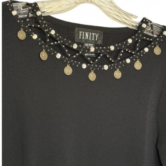 Finity BEADED TOP Cut-Out Neckline Rhinestone Coins BOHO Casual Lightweight Knit - Picture 2 of 12